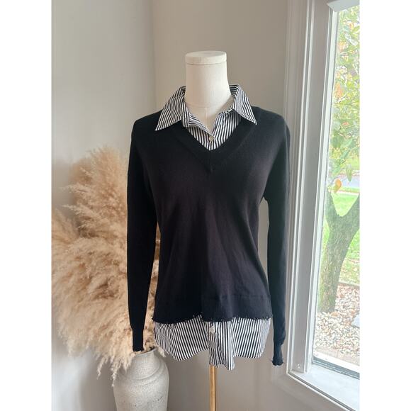 J. Society Womens XS Black V-Neck Cotton Sweater Stripe Collar Fray Hem Layered - Picture 1 of 9